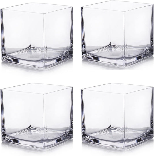 Enova Floral Set of 4 Cube Glass Vase, 5x5X5 Inch Glass Flower Vase Planter, Floating Candle Holders, Clear Square Glass Vases, Table Decorative Vase for Wedding Centerpieces, Home Office Décor