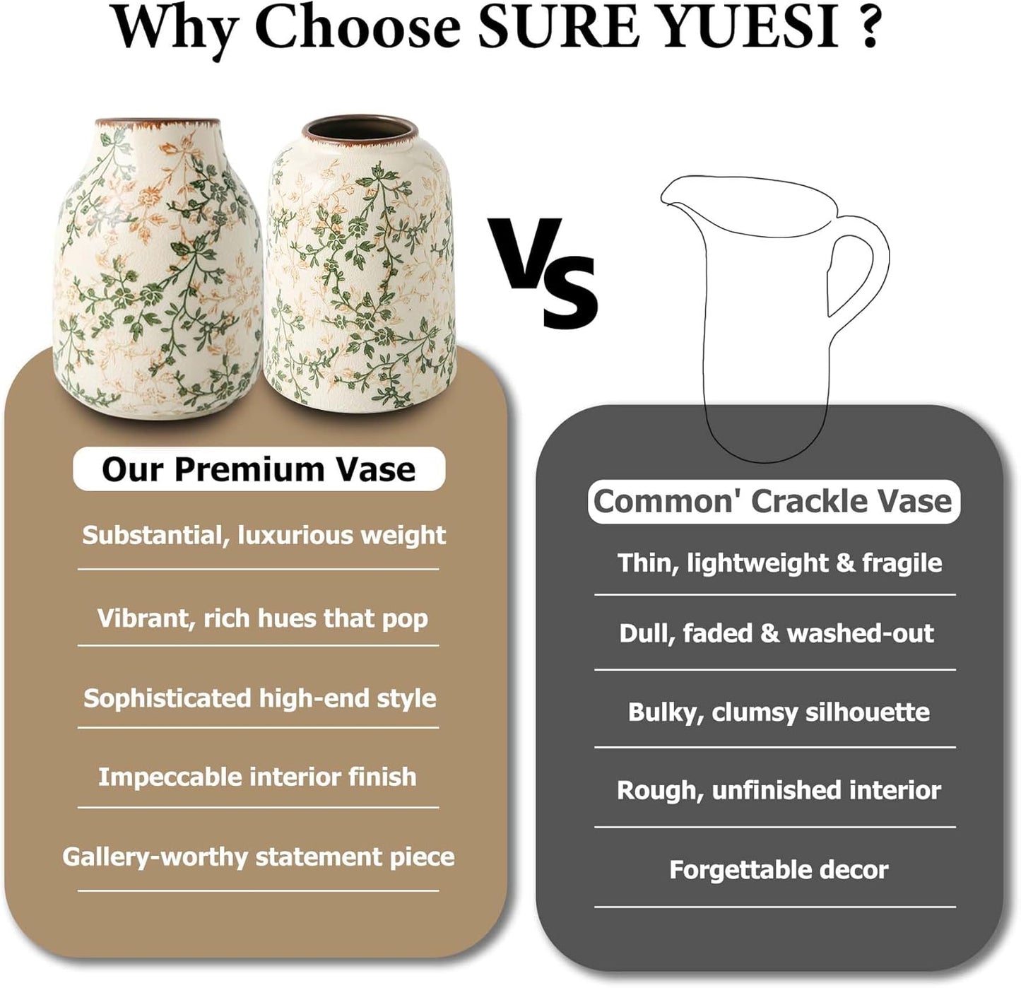 Ceramic Vase Set of 3, Vintage Green and Beige Vases Set, Flower Rustic Chinoiserie Vases Floral Grand Millennial Farmhouse Decor Vase for Home Decor, Living Room, Kitchen, Bedroom, Bookshelf