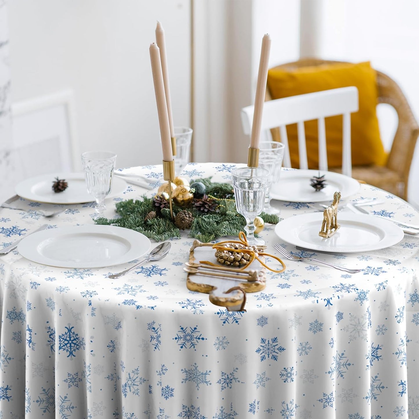 12 Pieces Christmas Snowflake Plastic Party Tablecloth Decorations,Disposable Blue Snowflake White Xmas Round Table Cover Backdrop for Winter Christmas Holiday Party Supplies,84 inch (Blue White)