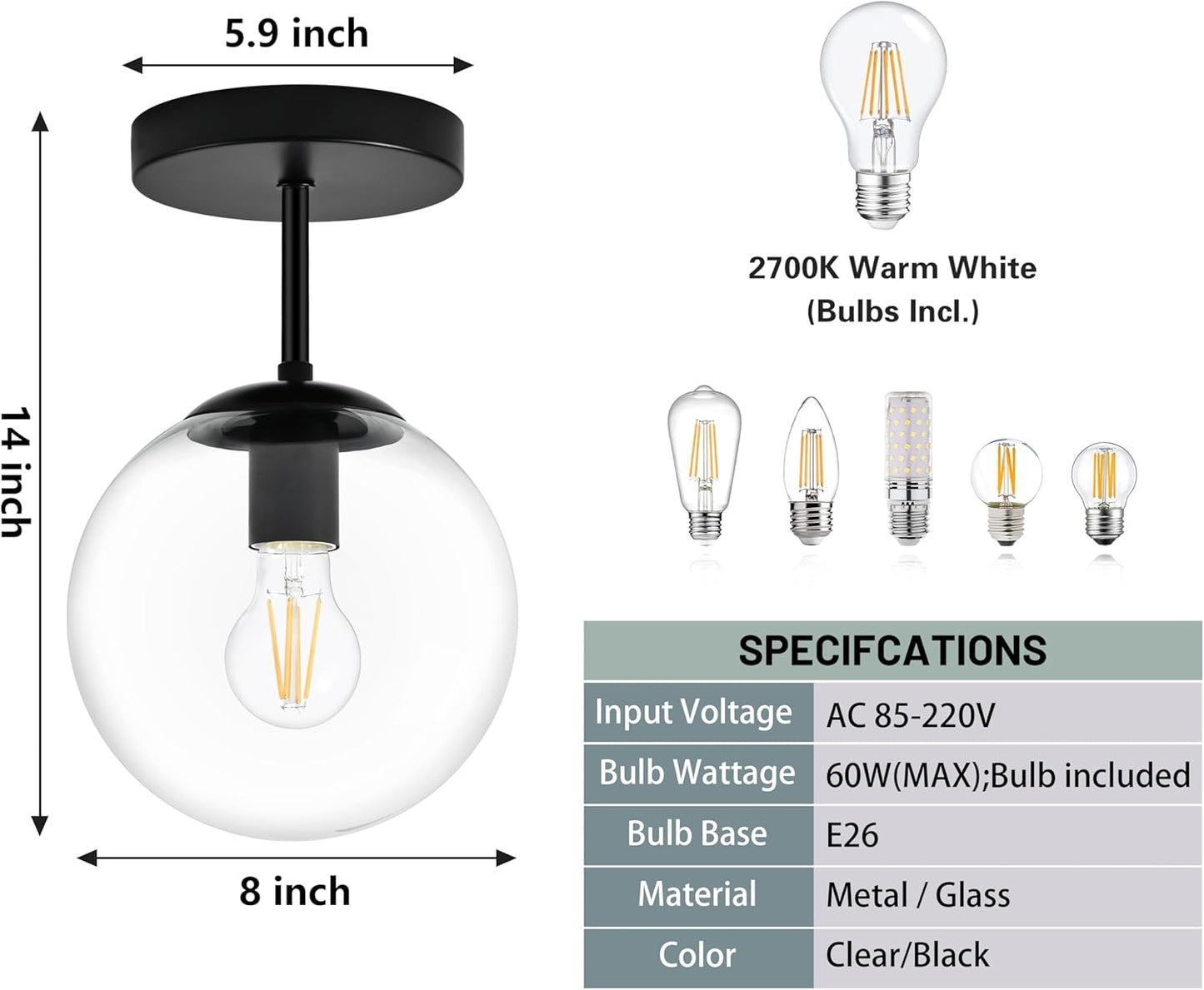 Globe Semi Flush Mount Ceiling Light, Clear Glass with Matte Black Finish, Mid Century Modern Light Fixture Ceiling, Hallway Living Room Kitchen Bedroom Storage Schoolhouse Laundry(LED Bulb Incl.)