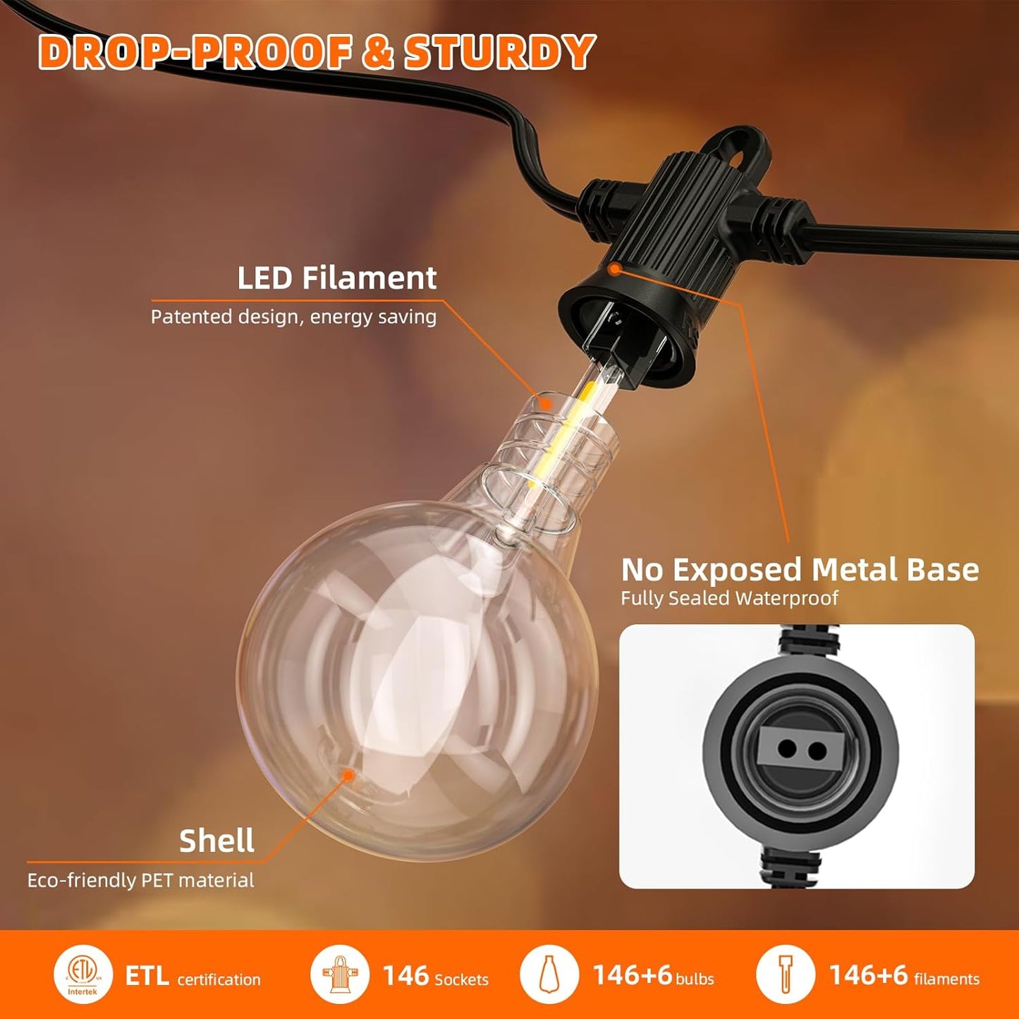 Kawaya 300FT Outdoor String Lights - LED Waterproof Patio Light for Outside with 146+4 G40 Globe Blubs - Shatterproof Hanging Lights for Porch Bistro Backyard Gazebo Balcony Cafe