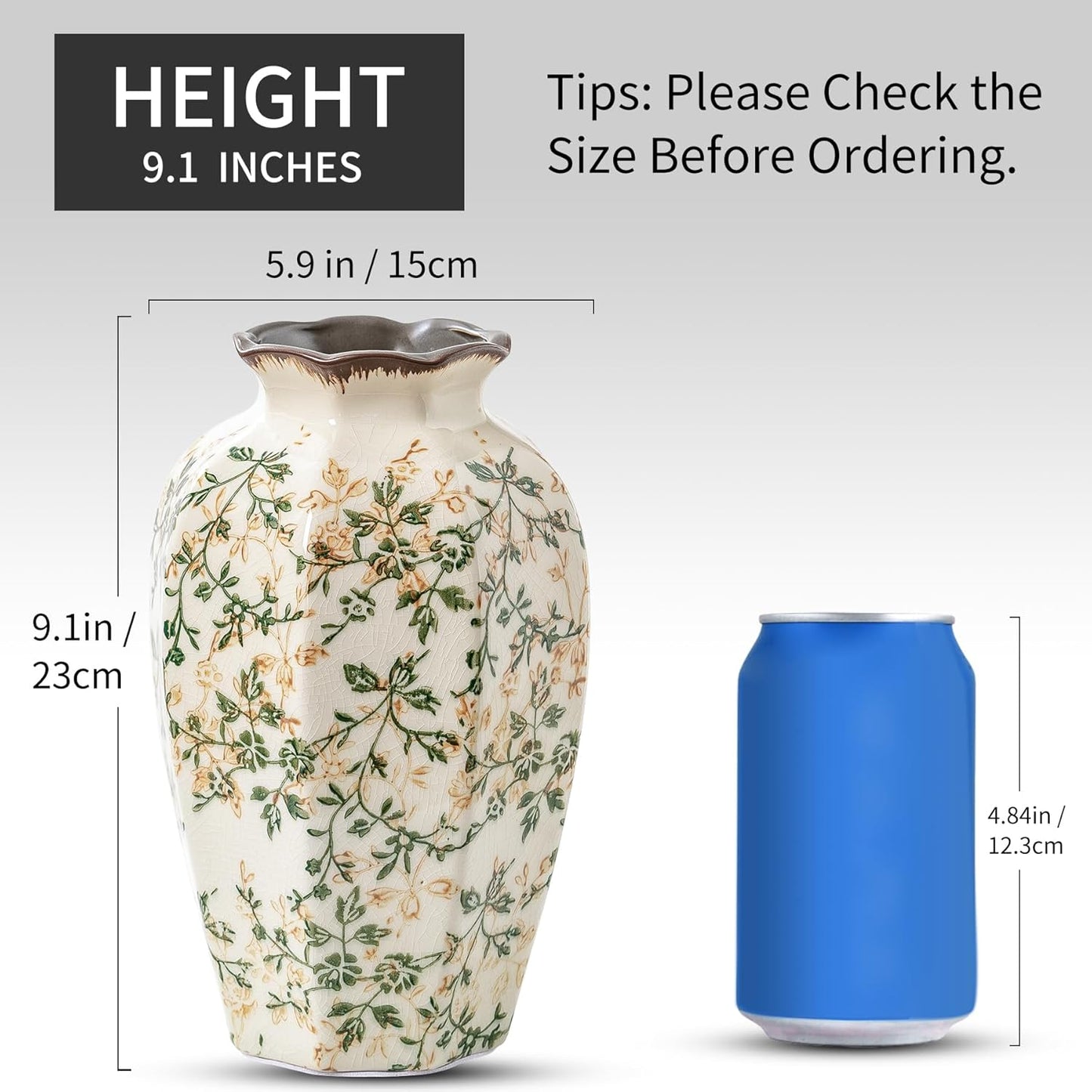 Vintage Pastoral Octagonal Vase, Green and Beige Retro Ceramic Flower Vase, Rustic Farmhouse Vases Chinoiserie Floral Large Vase for Home Decor, Living Room, Kitchen, Bedroom and Shelf 9.1 Inch