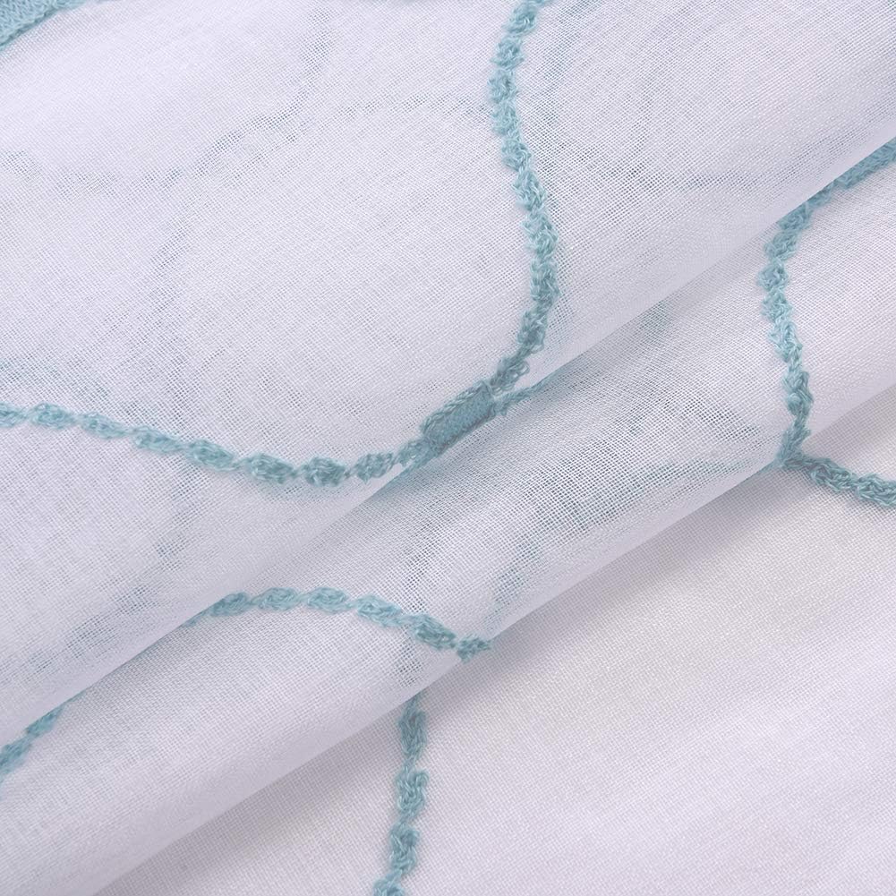 Embroidery Sheer Curtains Blue 84 Inches, Rod Pocket Voile Drapes for Living room, Bedroom, Window Treatments Wave Diamond Semi Crinkle Curtain Panels for Yard, Patio, Villa, Set of 2, 52"x 84".