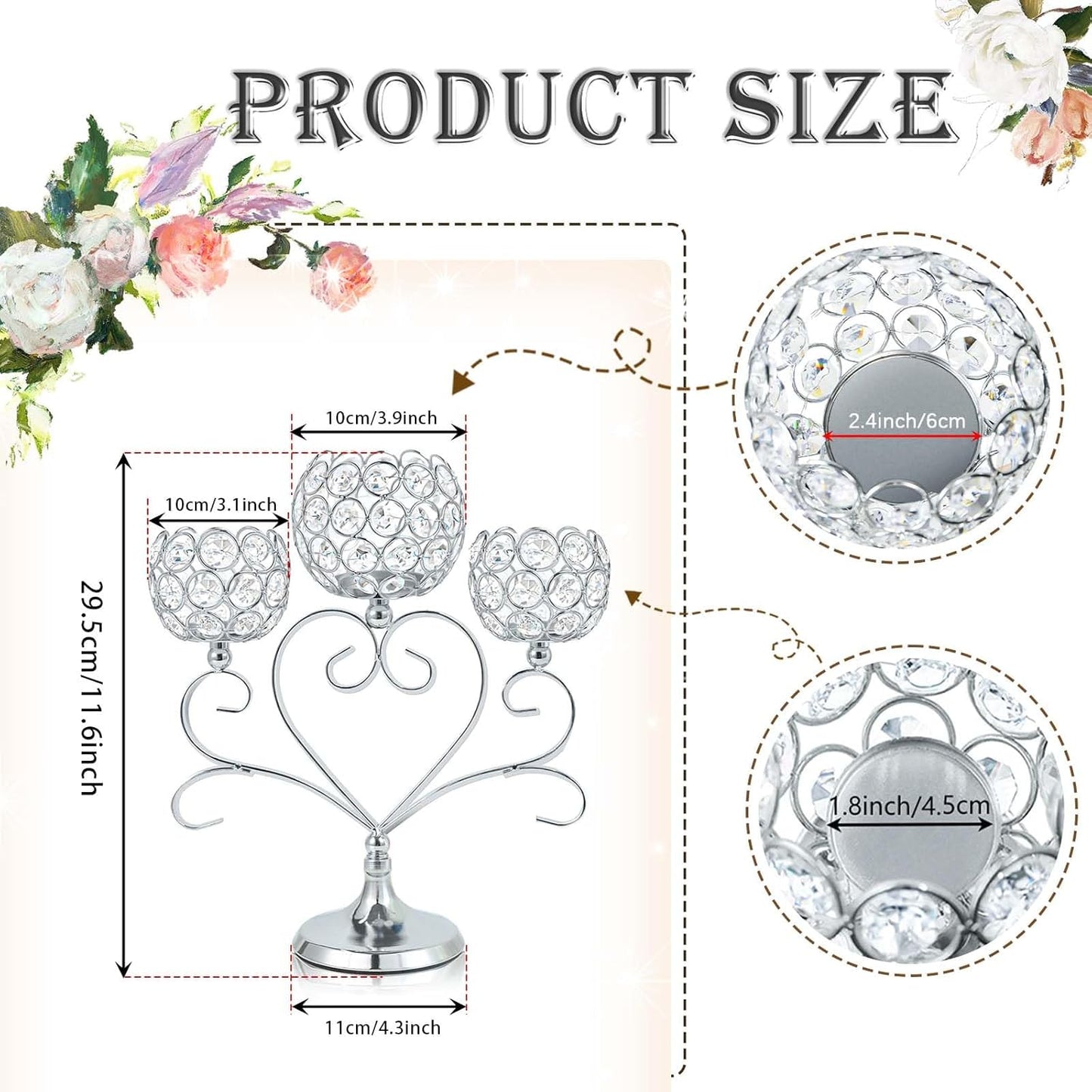 2 Pcs 3-Arm Heart Tea Light Candle Holder - Crystal & Metal Wedding Centerpiece Decor, Sparkling Table Decor for Anniversaries/Romantic Tabletop Home/Dinner Party/Events (2, Silver)