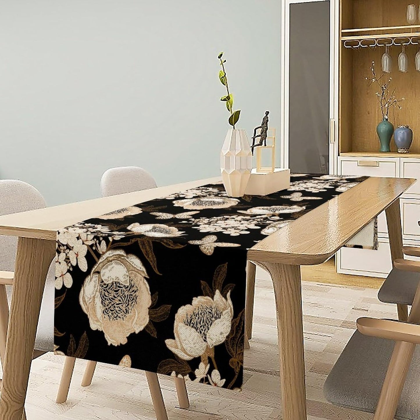 Watercolor Peony Table Runner, Modern Kitchen Dining Room Bohemian Floral Tabletop Decoration for Kitchen Cafe 13x70 Inch