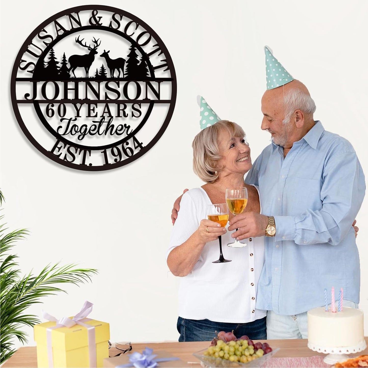 Personalized Christmas Gifts 2025, Custom 50th/40th/60th/70th/30th/1-99 Years Wedding Anniversary Sign Gifts for Couples Parents, Custom Metal Monogram Sign Personalized Family Name Signs (Deer)