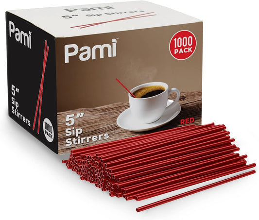 PAMI Disposable 5in Plastic Sip Stirrers/Straws, Value Pack of 1000 Stirring Sticks for Hot & Cold Drinks, Cocktail & Coffee Bar Stir Straws (Red One Size)