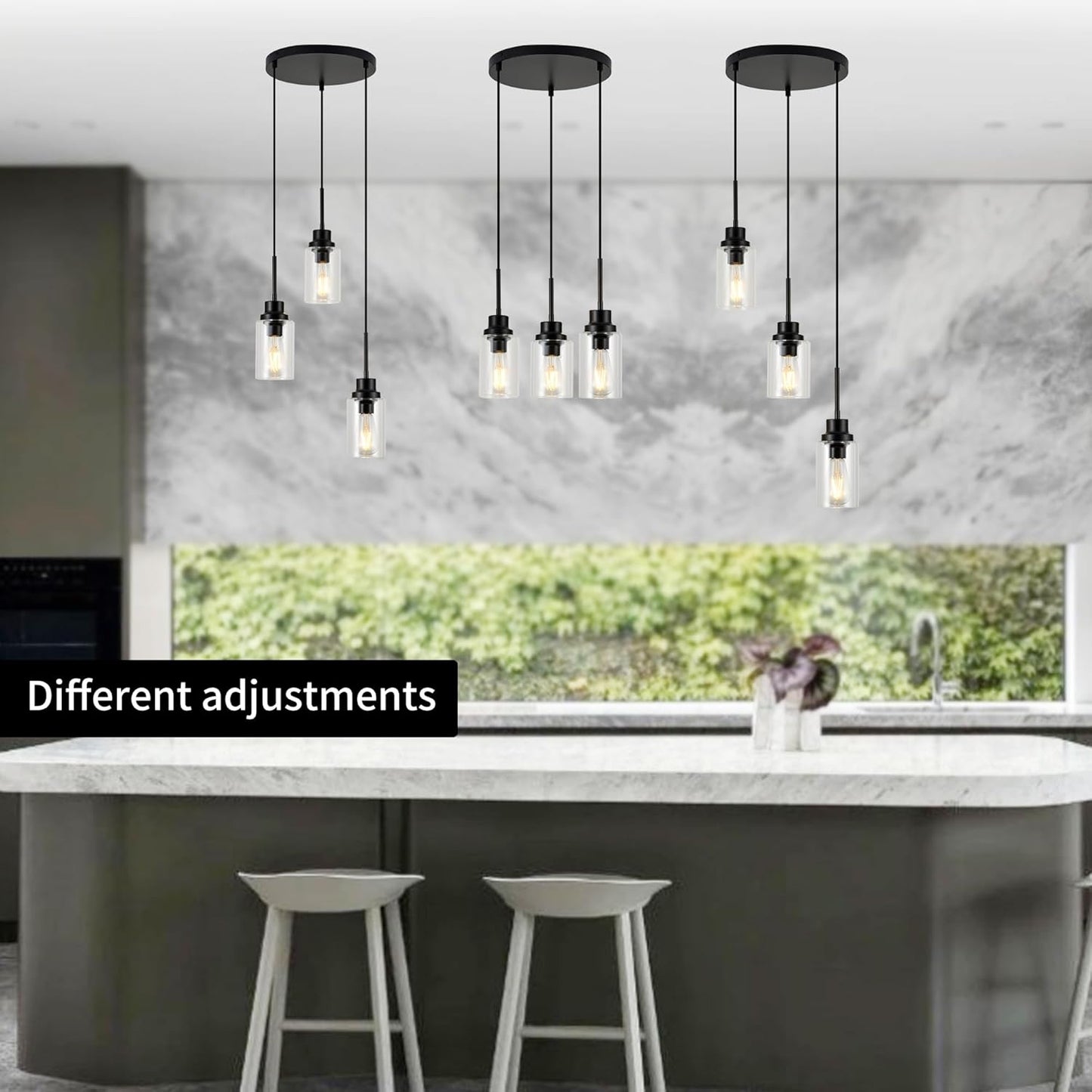3-Lights Modern Pendant Light Fixtures Black Adjustable Height Ceiling Lights Chandelier with Clear Glass Shades Kitchen Island Lighting Hanging E26 Base for Foyer Dining Room