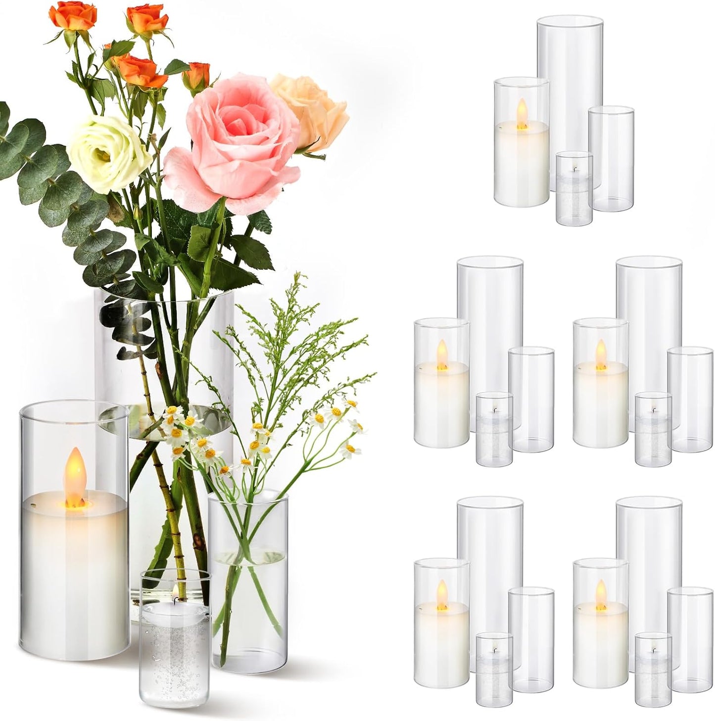 24pcs Clear Glass Cylinder Vases, 4, 6,10,12 inch Tall Hurricane Floating Candle Holder Vase for Centerpieces,Glass Candle Vase Flower Vase for Table Shelf, Wedding, Party,Home & Office Decor