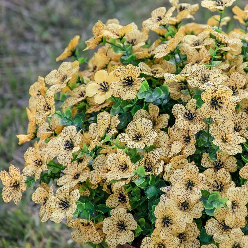 HyeFlora Artificial Fall Flowers Faux Mums for Outdoor Indoor Garden Home Decoration, Faux Flower Daisy with Eucalyptus Leaves Fake Plants Greenery Boxwood Porch Patio, 12 Bundles (Yellow)
