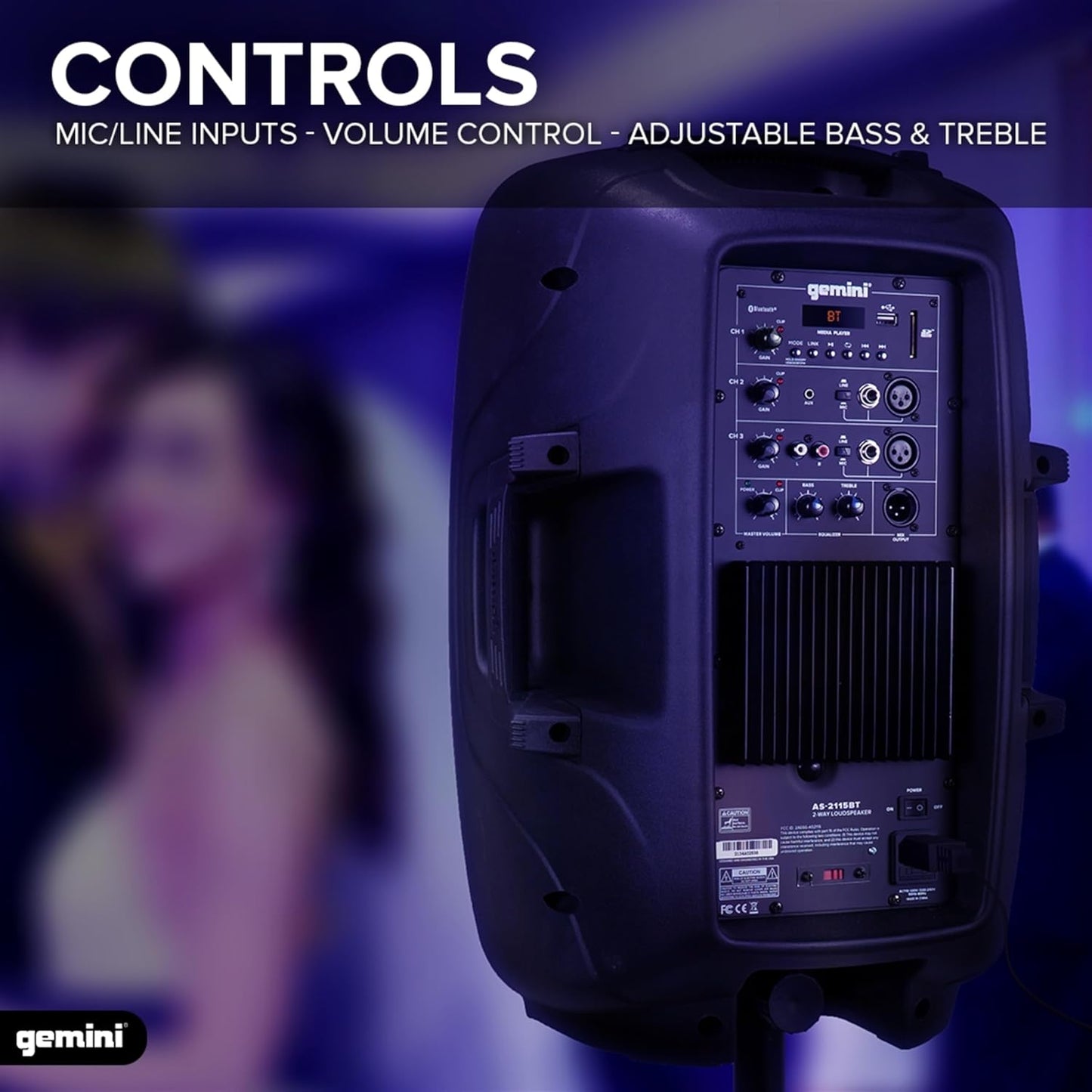 Gemini 15” 2000W Bluetooth PA Speaker with TWS Link, USB/SD/FM, XLR/RCA/AUX Inputs, Dual Mic & Guitar Inputs, EQ Control, Pro Sound System for DJs, Gigs, Events & Mobile Setups (AS-2115BT)