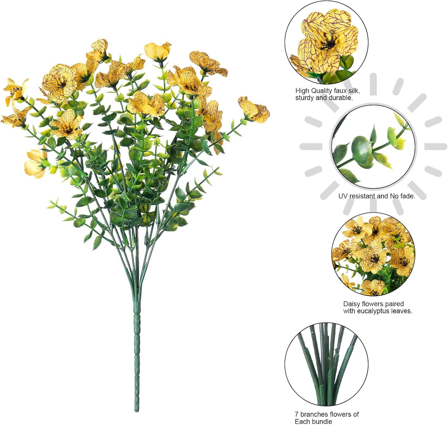 HyeFlora Artificial Fall Flowers Faux Mums for Outdoor Indoor Garden Home Decoration, Faux Flower Daisy with Eucalyptus Leaves Fake Mums Plants Greenery Boxwood Porch Patio, 12 Bundles (OrangeYellow)