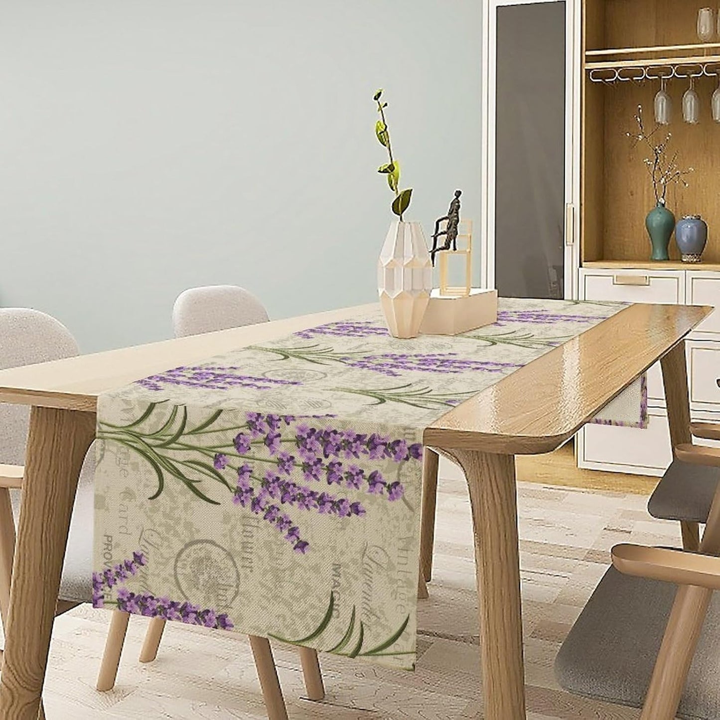 Floral Lavender Table Runner,Vintage Rustic Country Romantic Purple Flower Pattern Print Burlap for Hotel Indoors Outdoor Dining Room Kitchen Home Decor, 13x60in