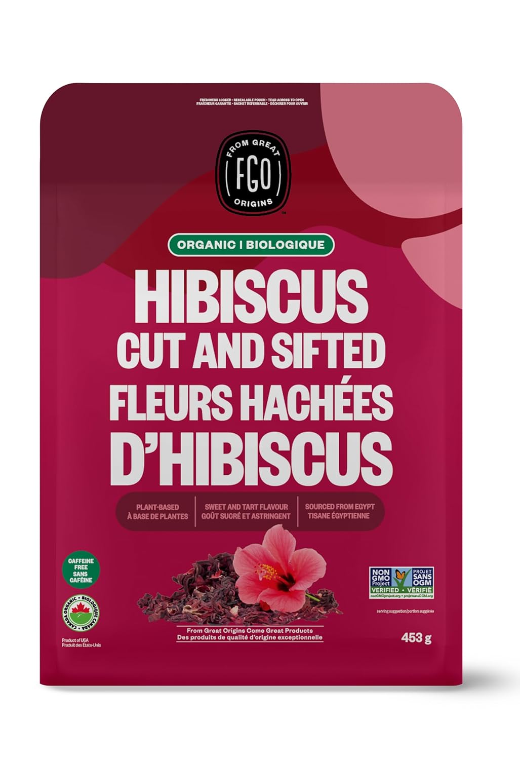 FGO Organic Hibiscus Flowers, Cut and Sifted, 16oz Bulk Resealable Bag, Packaging May Vary (Pack of 1)