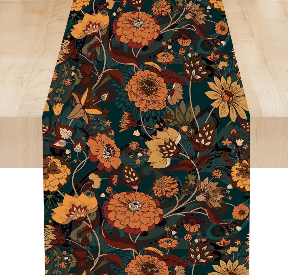 Orange Boho Floral Table Runner, Vintage Bohemian Home Kitchen Table Decoration for Birthday Party Picnic Decoration 13x36 Inch 1PCS
