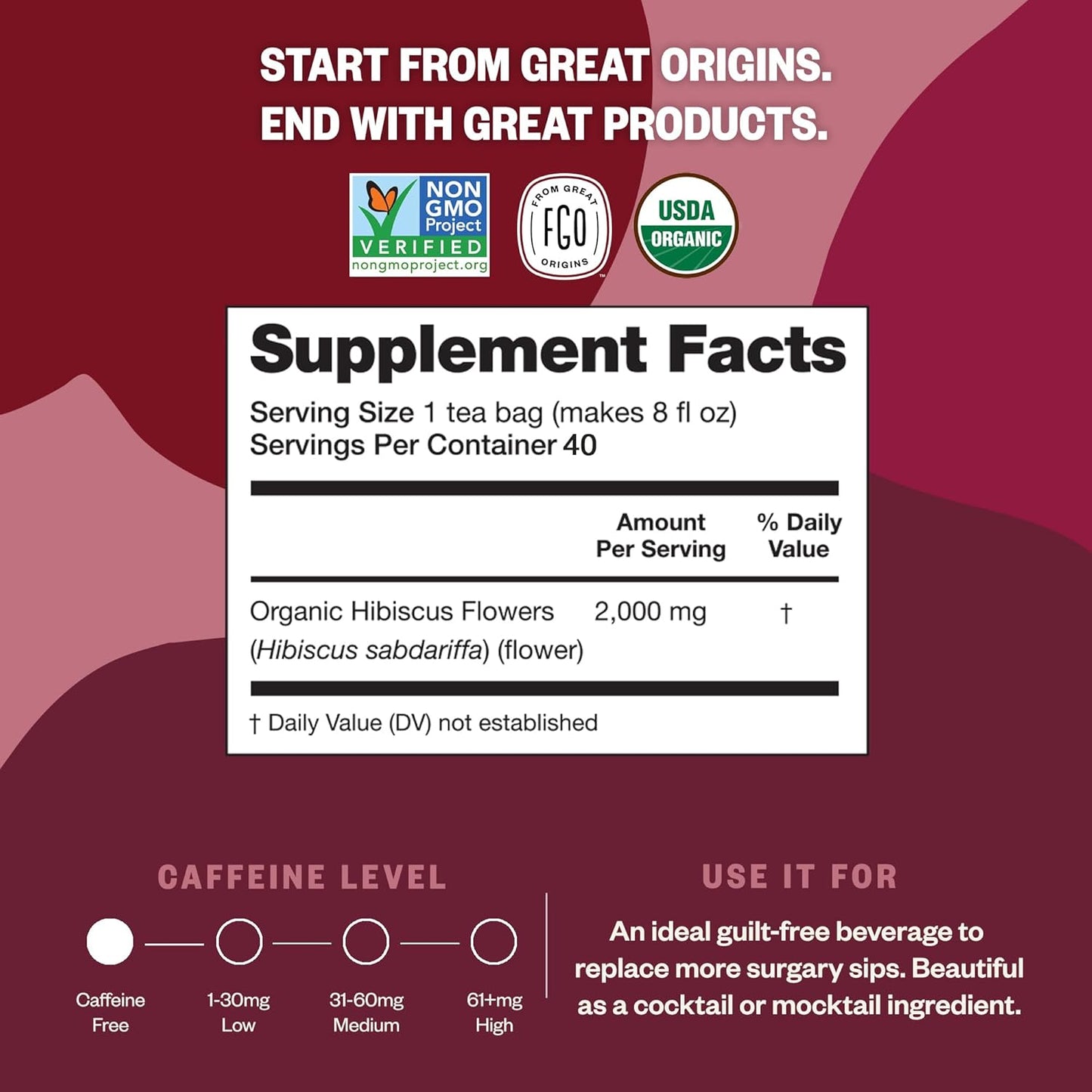 FGO Organic Hibiscus Herbal Tea, 40 Count, Eco-Conscious Tea Bags, Caffeine Free (Pack of 1)