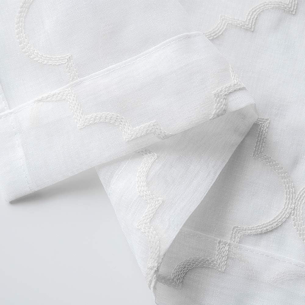 Sheer Curtains White 63 Inches,Embroidered Moroccan Tile Lattice Design Rod Pocket Voile Drapes for Living room, Bedroom, Window Treatment Crinkle Curtain Panels for Villa, Parlor, Set of 2, 52"x 63".