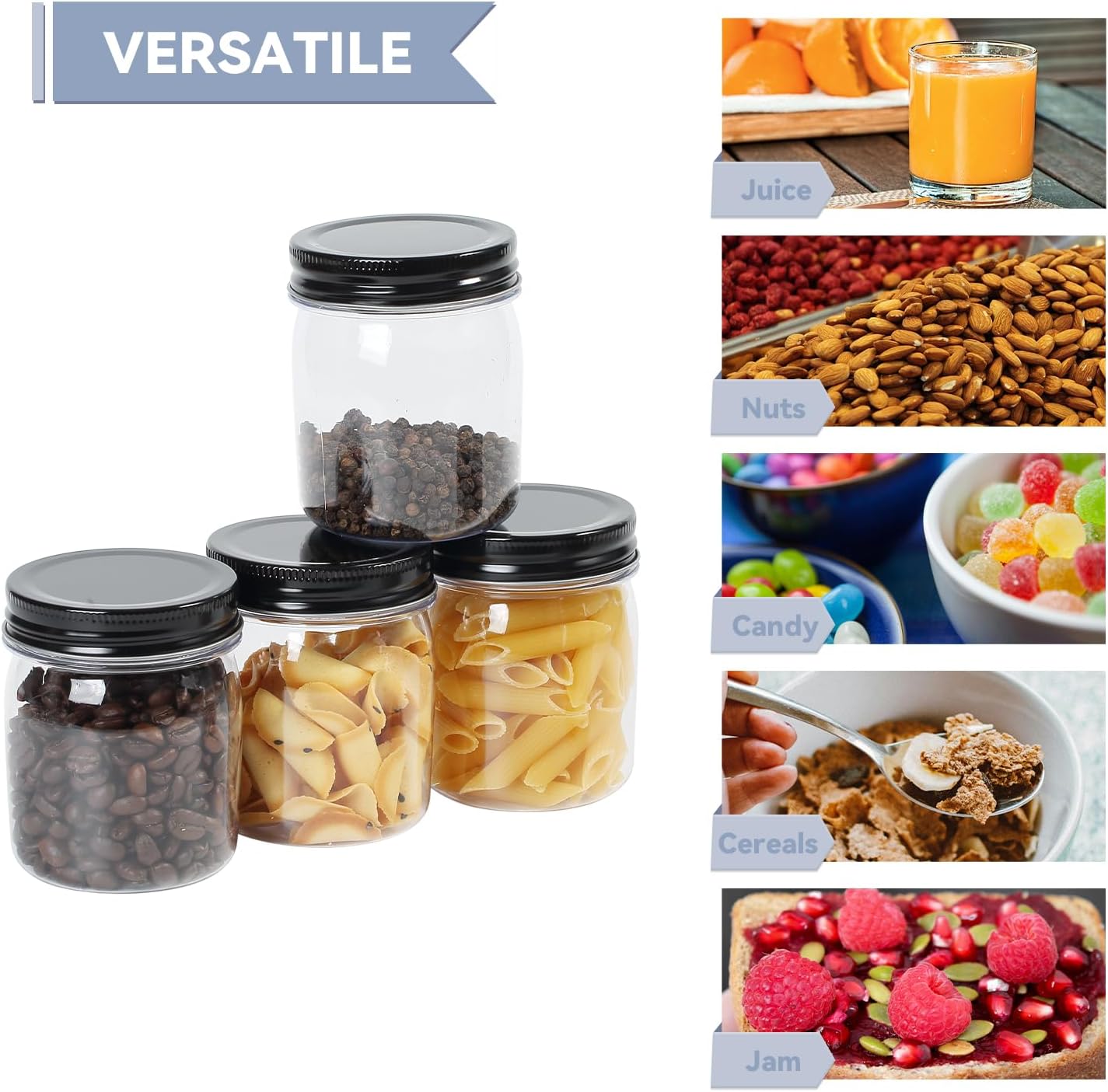 novelinks 8 oz Clear Plastic Jars with Screw-On Lids - BPA-Free Refillable Storage Containers for Slime, Spices, Crafts, Kitchen & Home Organization (32 Pack,Black)