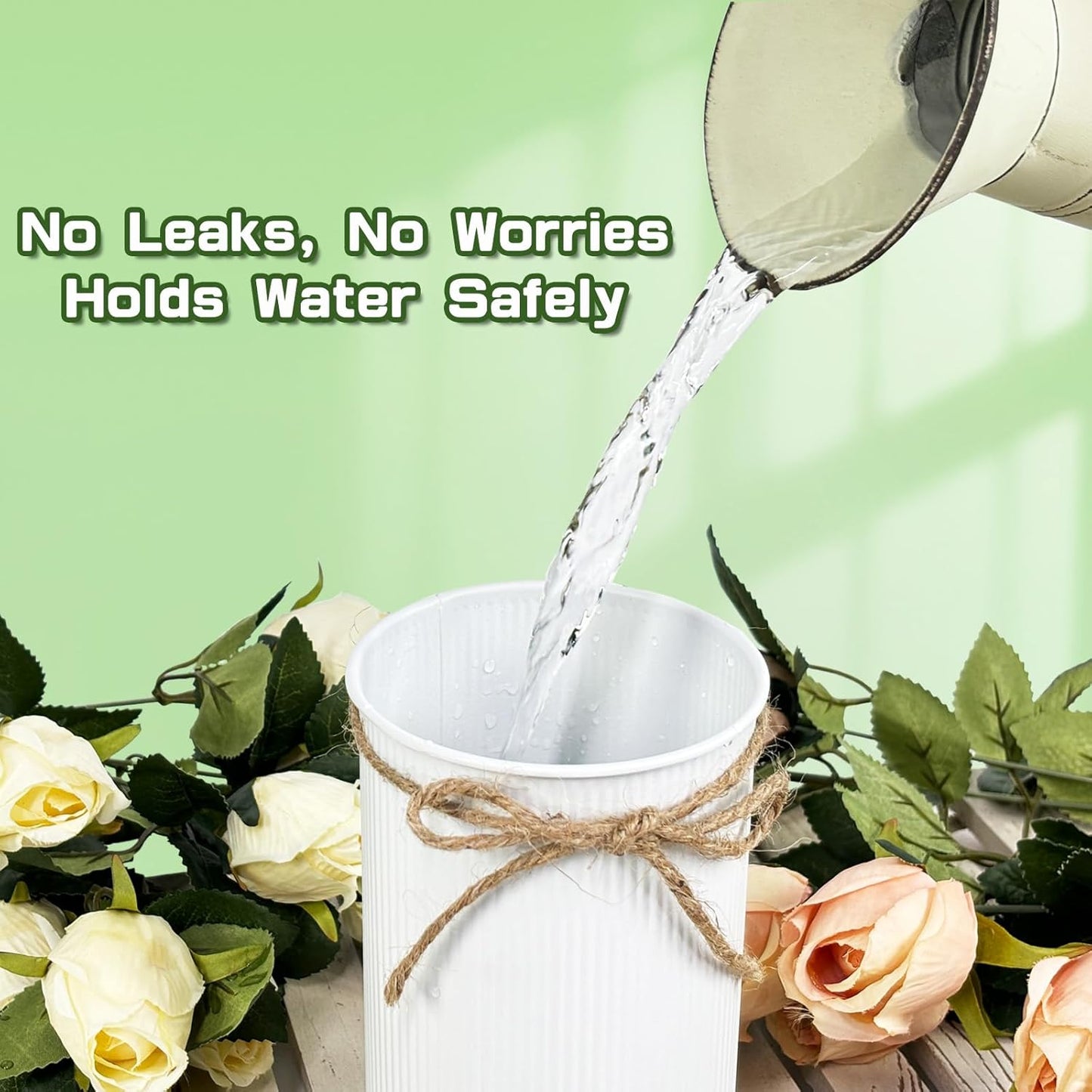 6" High Farmhouse Vases for Centerpiece, Rustic Mason Jars with Twine Bow for Flowers, Vintage Galvanized Metal Vase Tin Bucket for Wedding Home Decor (White, 6Pcs)