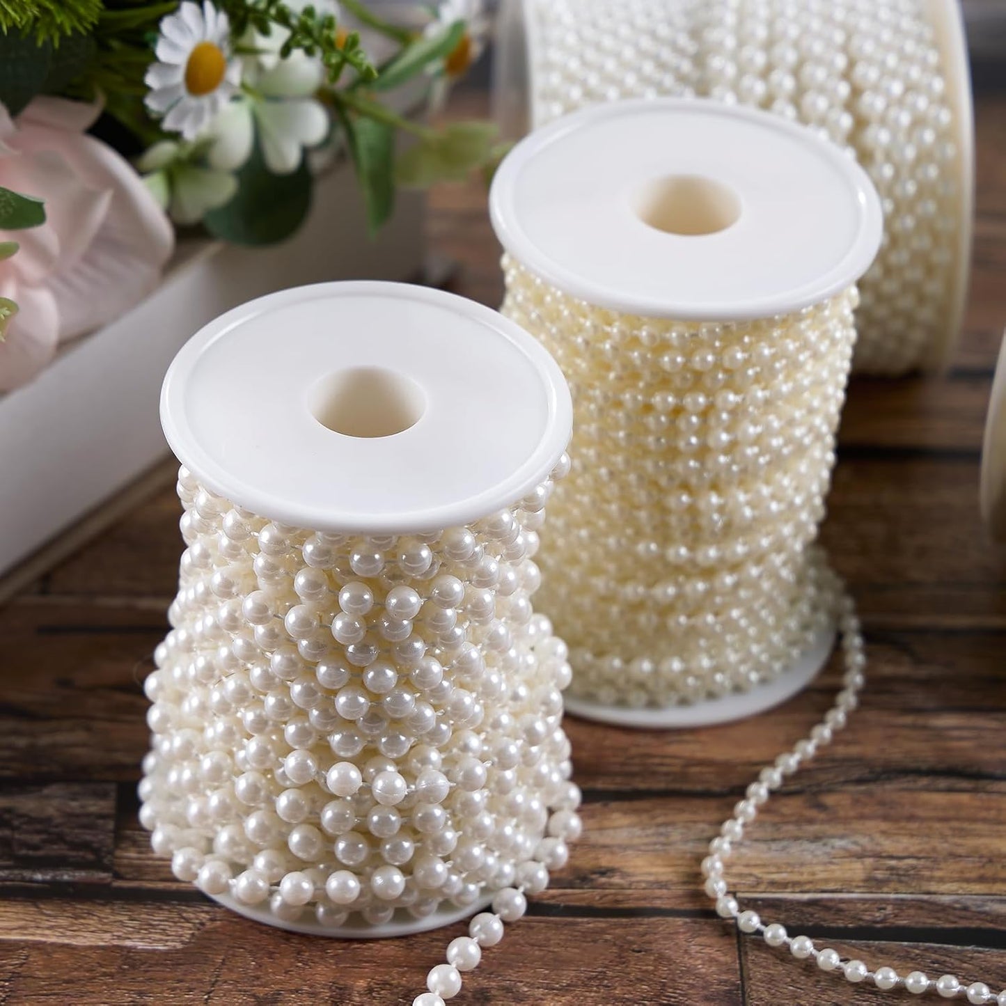 Craft String Pearls Bead 6MM, 33 Feet Ivory Fake Pearl Garland Beads Trim for Wedding Christmas Tree Decorations DIY