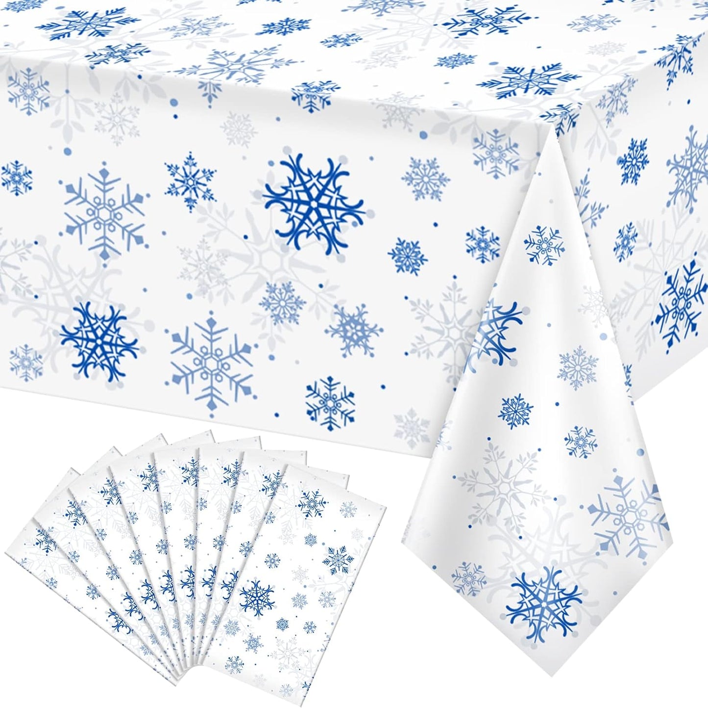 8 Pieces Snowflake Christmas Party Tablecloth Decorations,Plastic White Snowflake White Blue Xmas Backdrop Sign Table Cover Banner for Winter Christmas Holiday Party Supplies,54x108 inch（White/Blue）