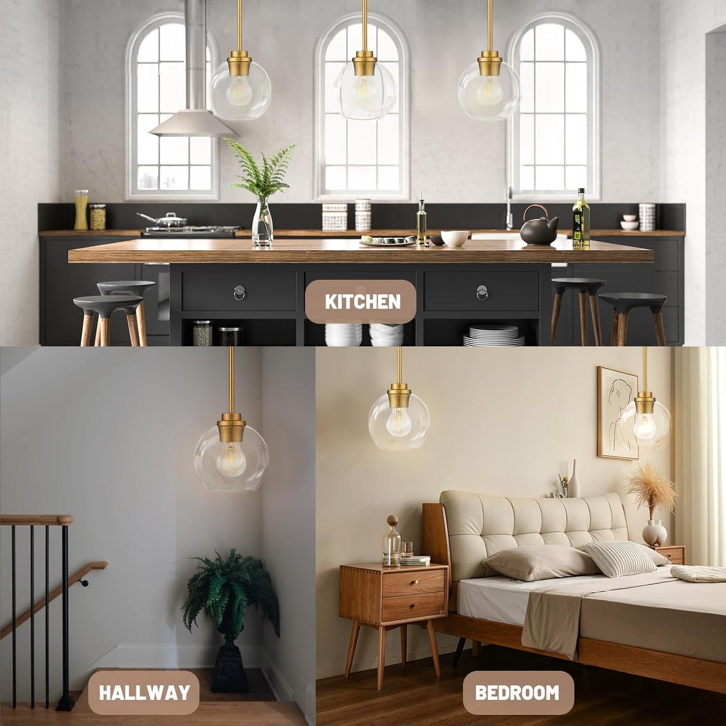 Globe Pendant Lights Kitchen Island, Farmhouse Gold Pendant Light with Clear Glass Globe Shade, Adjustable Hanging Light Fixture for Dining Room, Entryway & Over Sink Lighting