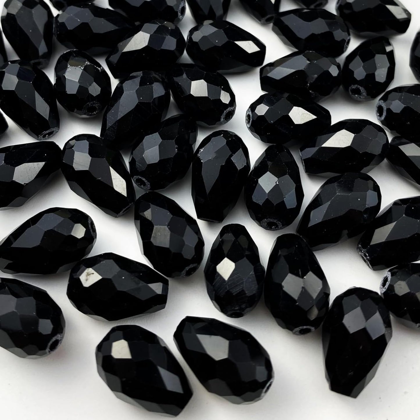 50pcs 10x15mm Teardrop Crystal Glass Beads Vertical Hole Faceted Glass Teardrop Spacer Beads for Bracelets Necklace Earring DIY Jewelry Making Craft(Black)