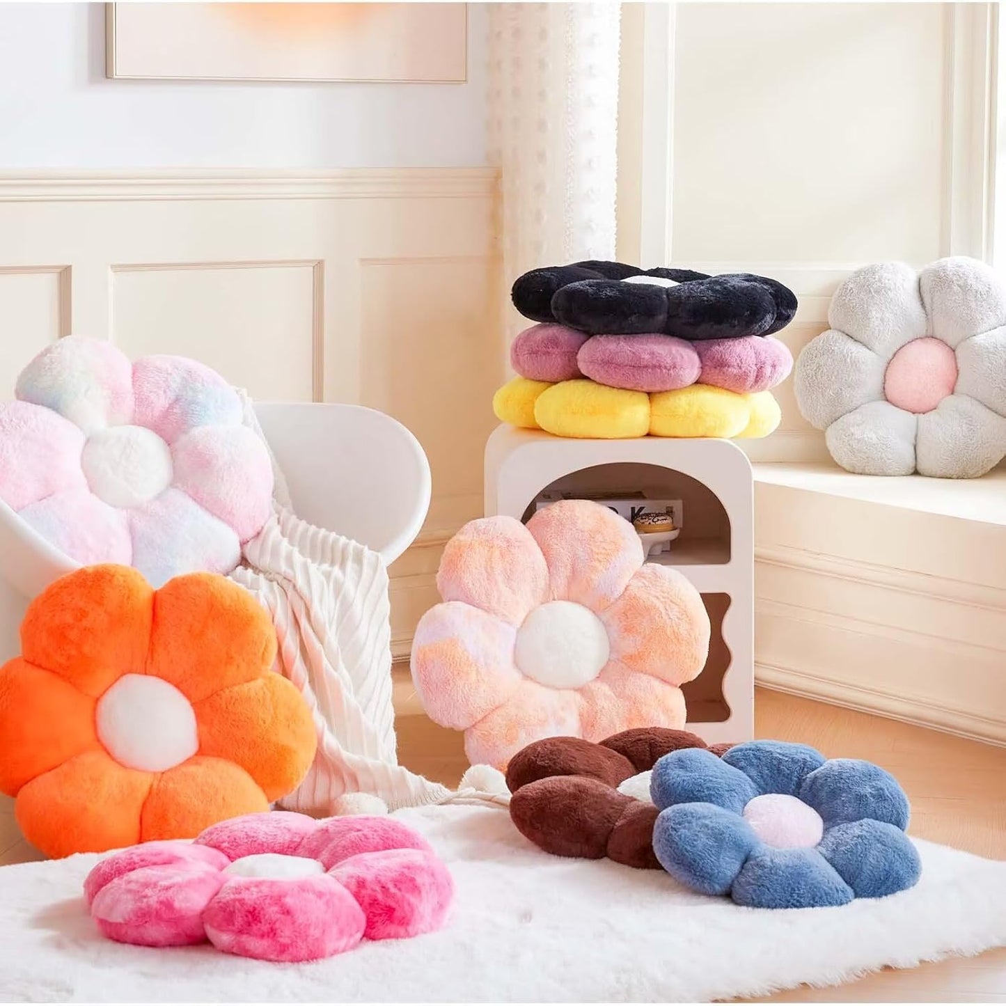 Dusty Purple Flower Shaped Throw Pillow with Faux Rabbit Fur, 19.6" Soft Plush Throw Pillow for Bedroom Living Room