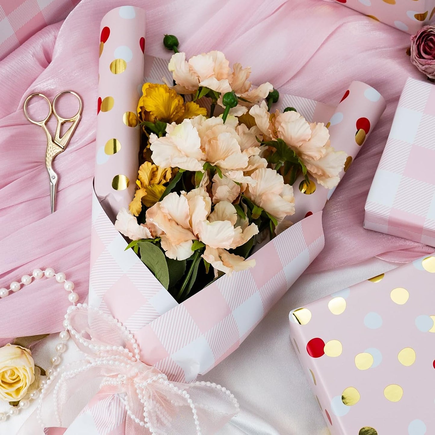 Burymento Red Gold Dots Wrapping Paper, Reversible Pink Lattice Design Gift Wrap for Baby Shower, Birthday, Valentines, Mothers day, Graduation, Wedding, Fathers day, Christmas (17 Inch X 32.8 Feet)