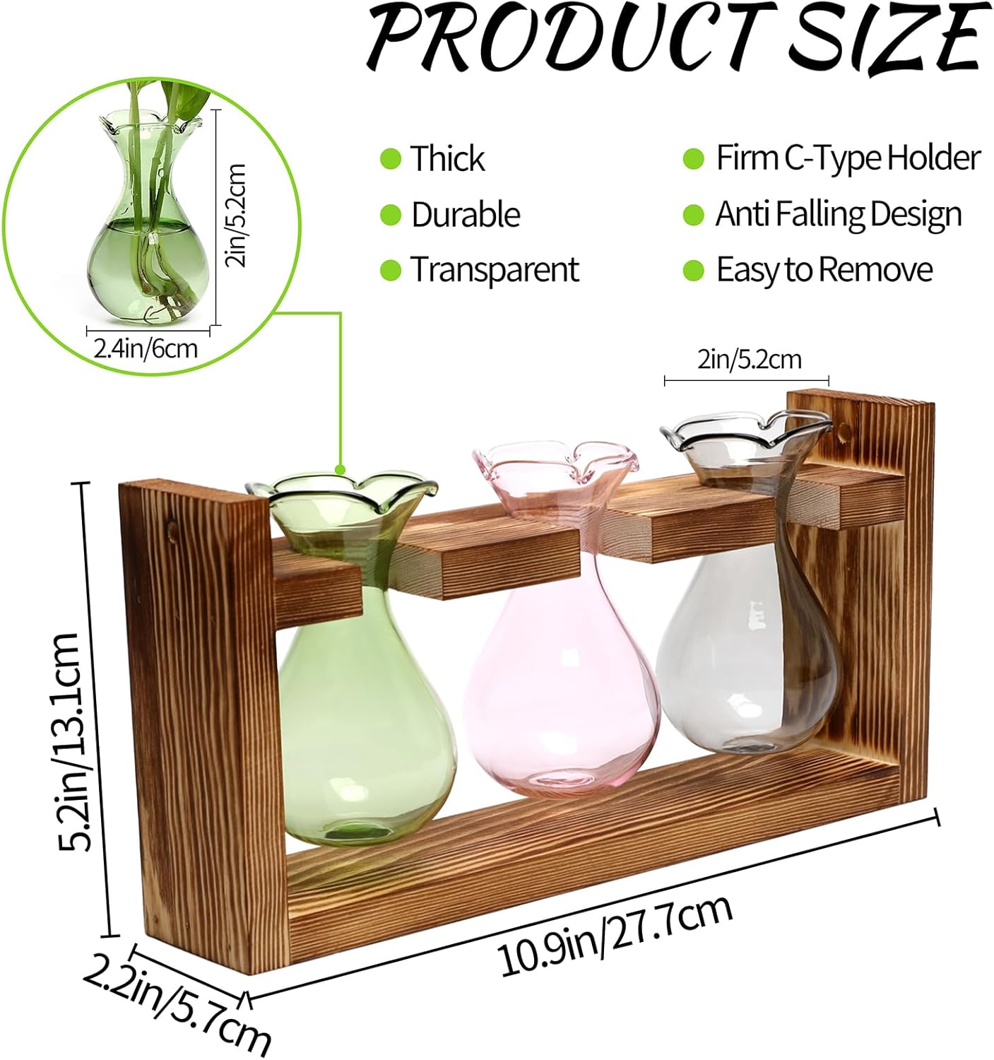 Plant Propagation Station Plant Terrarium Unique Birthday Gifts for Women Home Office Decor Planter with Wooden Stand - 3 Bulb Glass Vase
