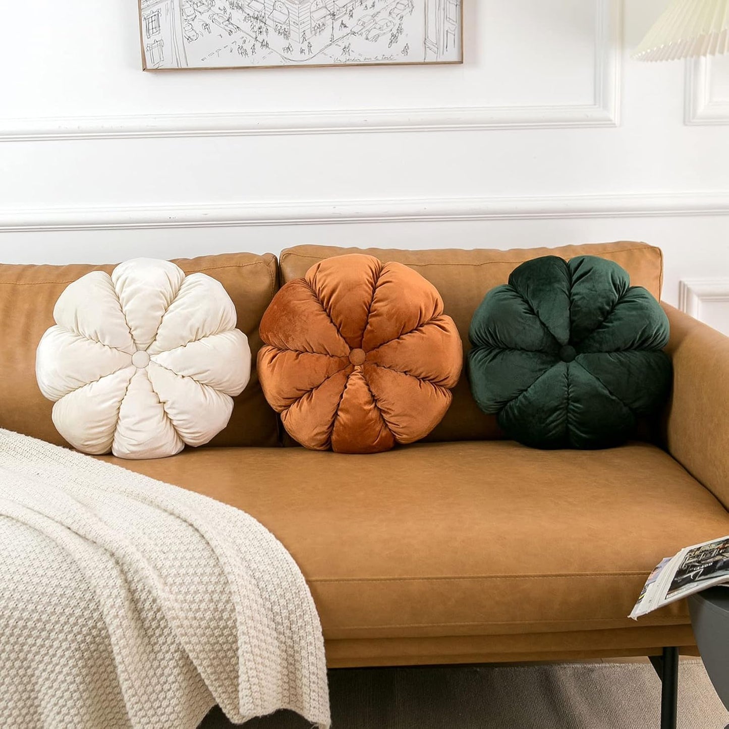 Flower Pillow Cushion Round Decorative Throw Pillow for Couch Bedroom Flower-Shaped Floor Cushion for Girls Kids (Dark Green, 15.7”)