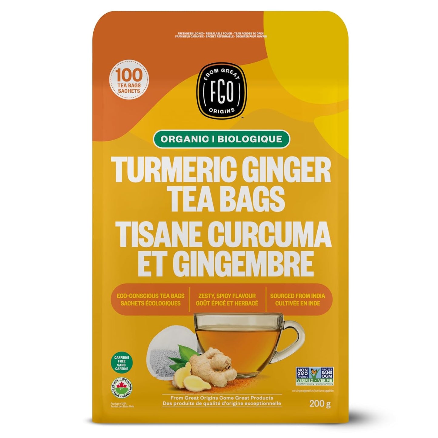 FGO Organic Turmeric Ginger Tea, Eco-Conscious Tea Bags, 100 Count, Packaging May Vary (Pack of 1)
