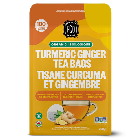 FGO Organic Turmeric Ginger Tea, Eco-Conscious Tea Bags, 100 Count, Packaging May Vary (Pack of 1)