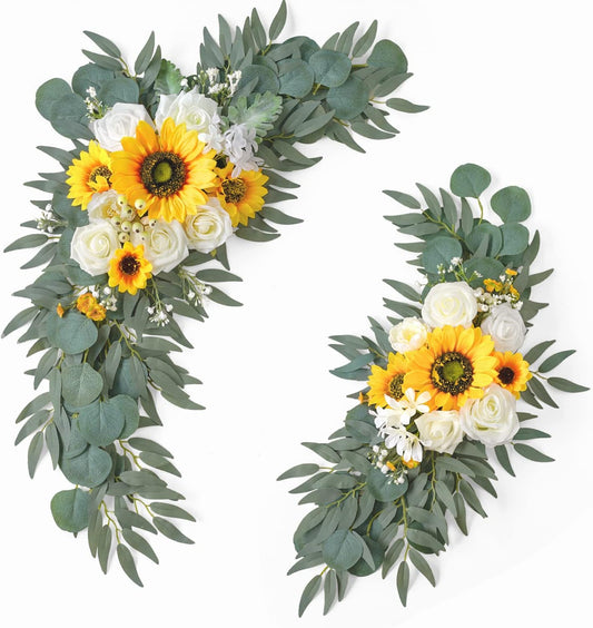 Ponatia Artificial Wedding Arch - Flowers (Pack of 2), White & Sunflowers for Wedding Welcome Signs and Ceremony Decorations