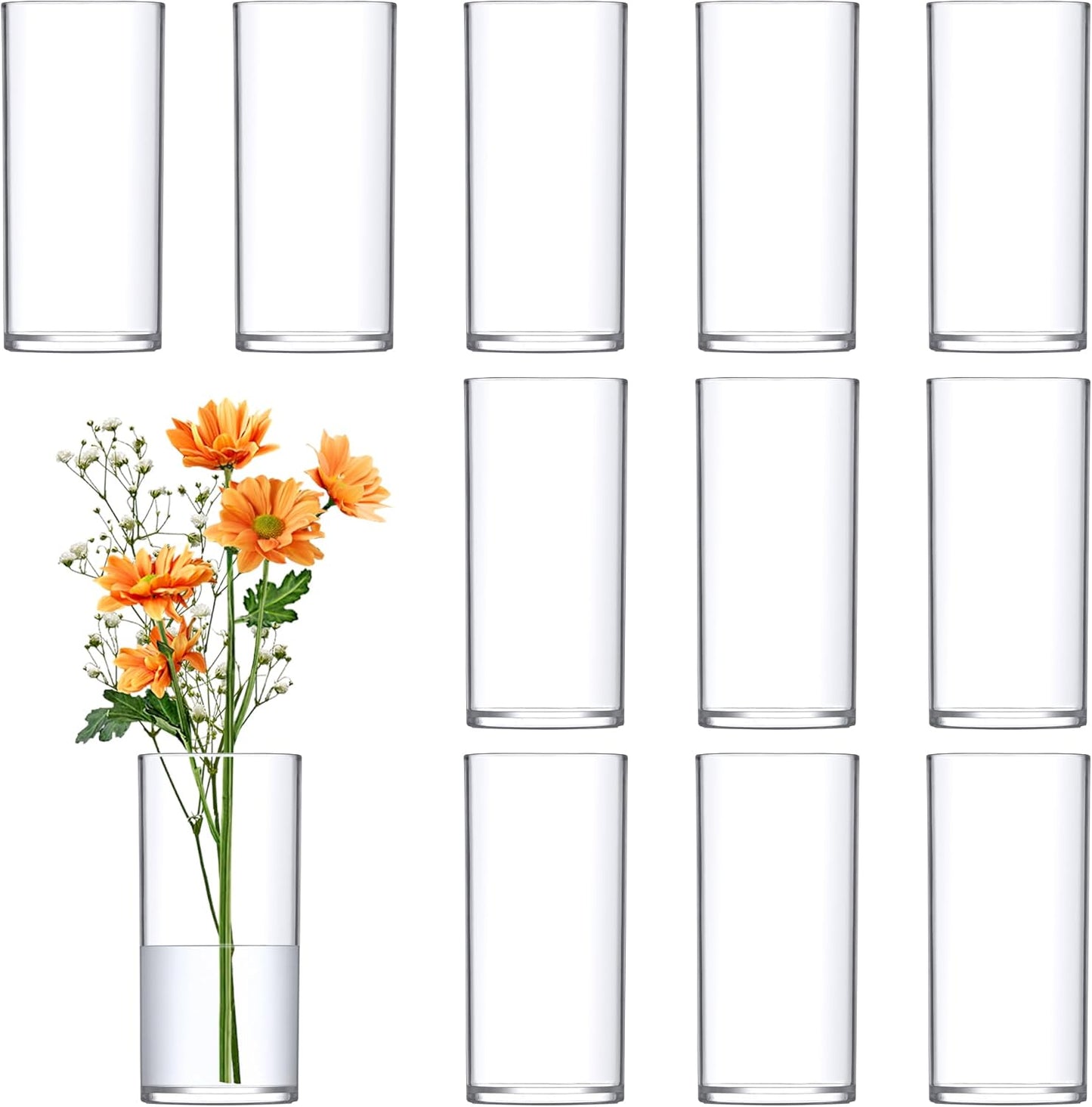 Amazing Abby - Viola Piccolo - Plastic Cylinder Vases (12-Piece Set), Acrylic Flower Vases for Wedding Centerpieces, Home Decorations, Office Ornaments, Shatter-Proof, 6" (H) (Not Glass)