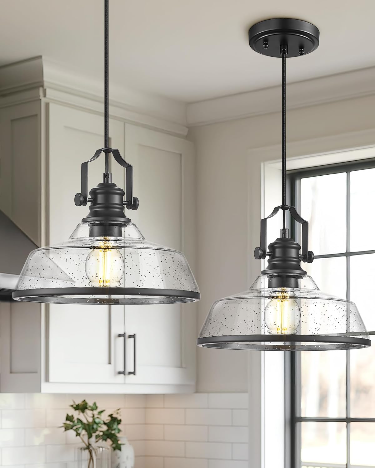 kudos 2 Pack Pendant Lights Kitchen Island, 11" Black Kitchen Island Lighting with Seeded Glass Shade, Farmhouse Large Hanging Light Fixture for Kitchen Sink Dining Room, KDPL13-BK-S-2PK
