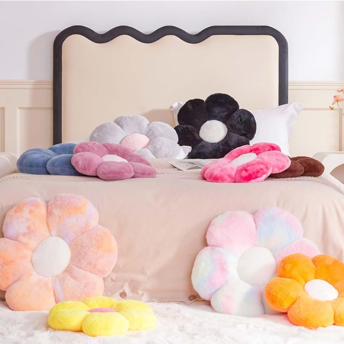 Cute Decorative Orange Flower Shaped Throw Pillow with Faux Rabbit Fur, Soft Plush Pillow, 14.9" Room Decor for Bedroom Living Room