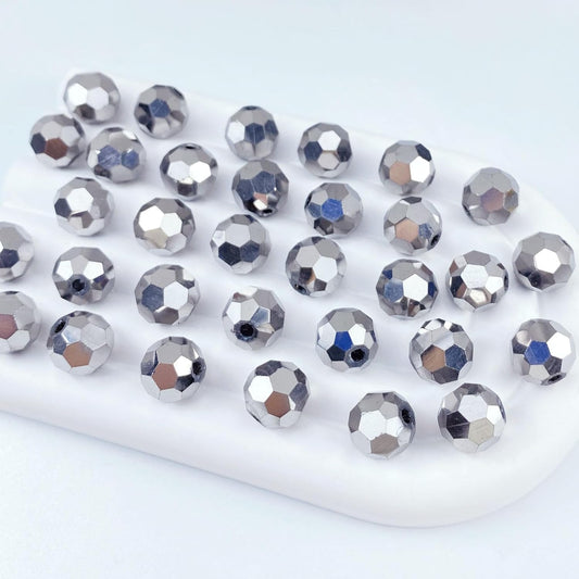 50 PCS 10mm Crystal Glass Beads Round Multiple Faceted Loose Spacer Glass Beads for DIY Handcrafte Bracelet Necklace Earring Jewelry Making(Silver)
