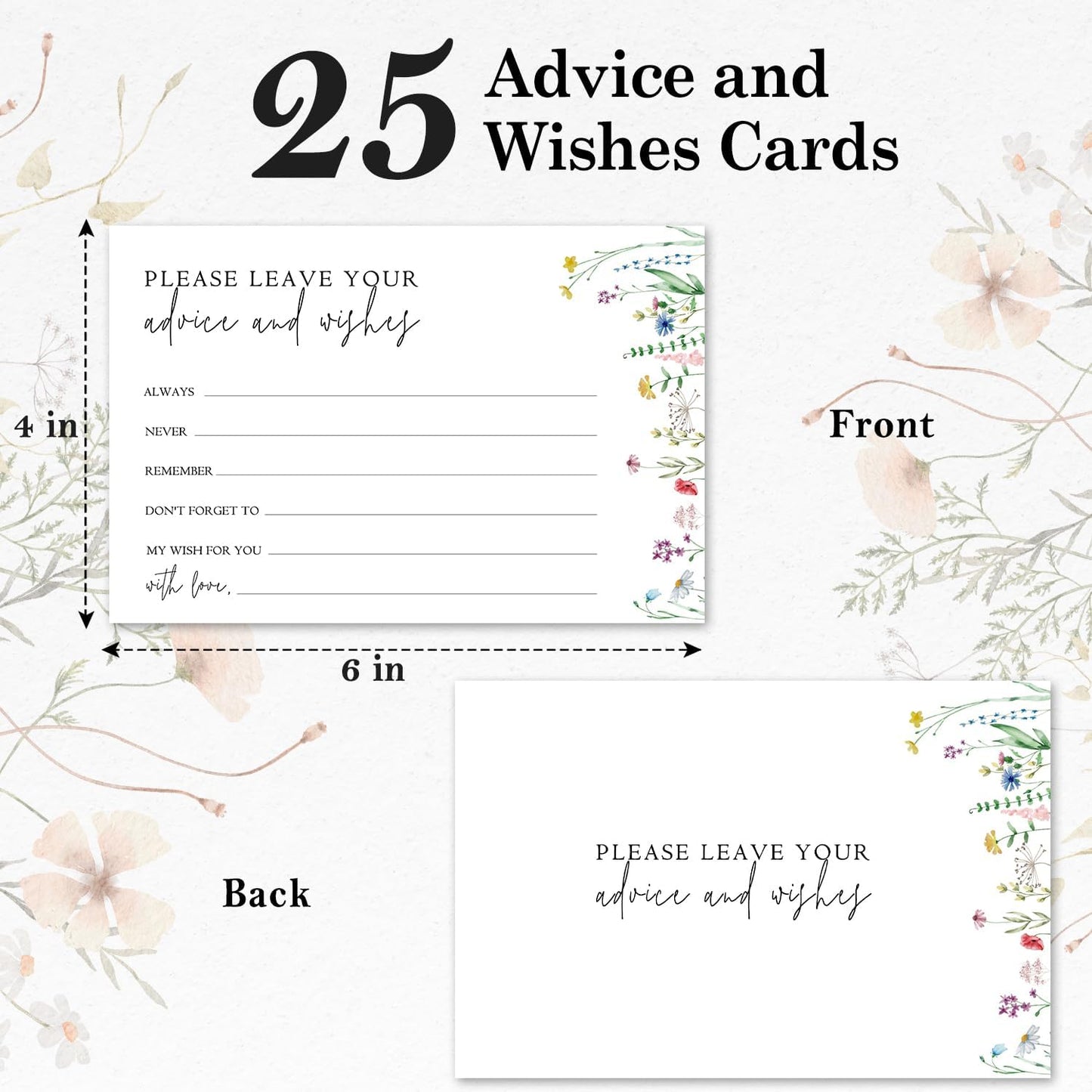 Wildflower Advice And Wishes Cards For The Mr And Mrs, Blank Well Wishes For Baby Shower, Bridal Shower And Graduation Party, Wedding Advice Cards 4x6, Pack of 25 -G15