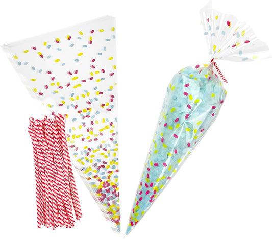 EKAPACKAGING 50Pcs 6.3x11.8 Inches Sprinkle Print Cone Shaped Treat Cellophane Bags Twist Tie Triangle Christmas Party Favor Cotton Candy Bags With Ties For Popcorn, Chocolates, Ice Cream Cone