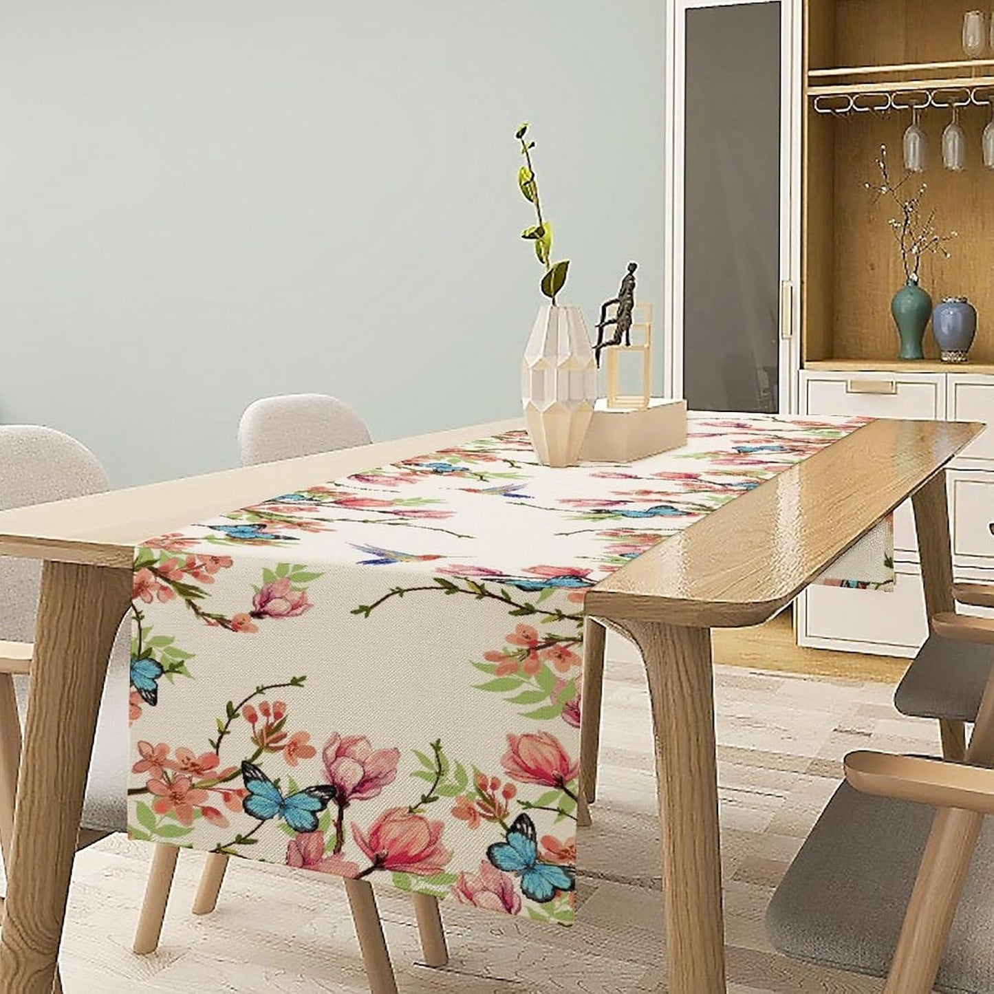 Floral Butterfly Table Runner Seasonal Spring Flower Bird Table Decoration Table Runner for Home Party Decoration 13x108 Inch