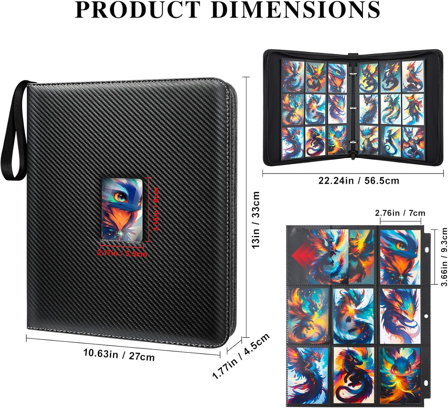 Trading Card Binder 9 Pocket with Display Window, 900 Cards Capacity Card Binder, Waterproof PU Leather Photocard Baseball Card Binder for MTG, TCG, Sports Cards, Black w/Clear Display Window