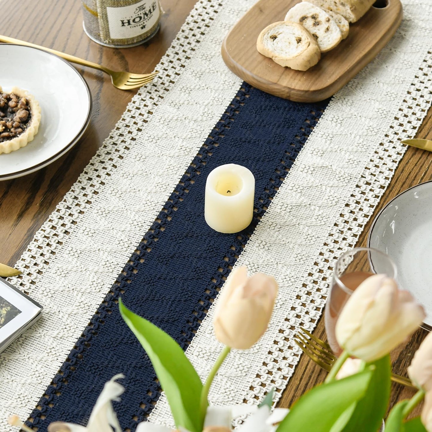 Artoid Mode Dark Blue Farmhouse Rustic Table Runner, Seasonal Holiday Hollow Kitchen Dining Table Decoration for Home Party Decor 12x60 Inch