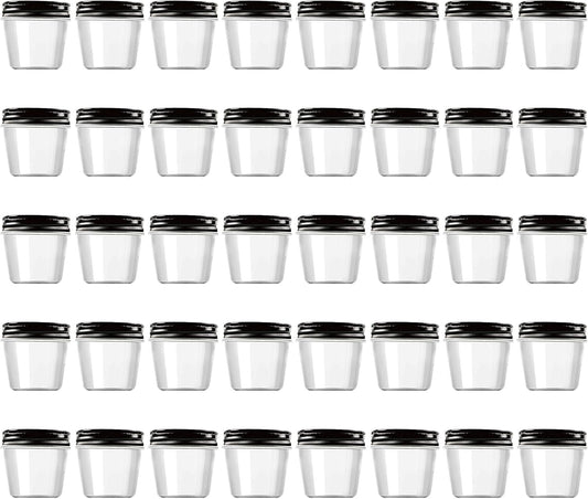Novelinks 4 Ounce Plastic Jars with Black Lids - Refillable Round Clear Containers for Kitchen & Household Storage - BPA Free (40 Pack)