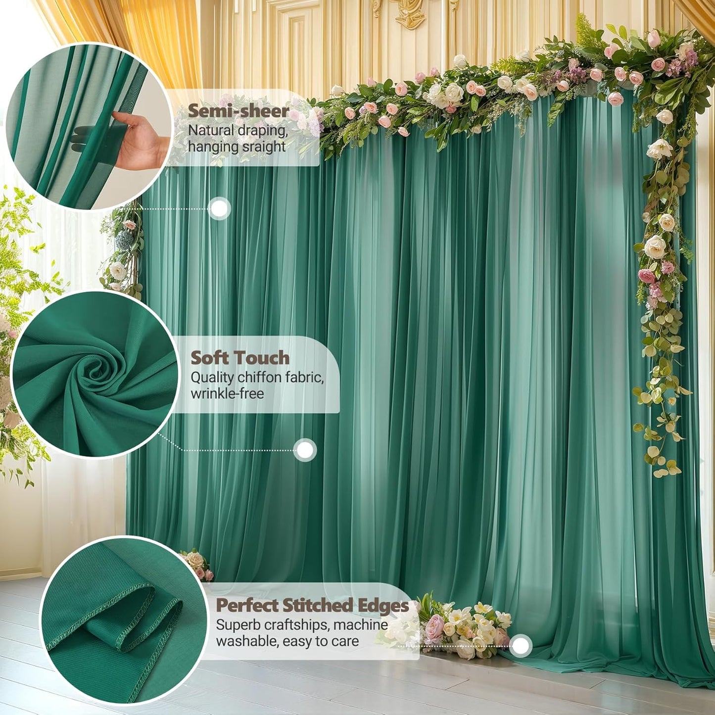 10ft x 10ft Emerald Green Backdrop Curtains, Wrinkle-Free Sheer Chiffon Fabric Photo Backdrop Drapes for Wedding Arch Party Ceremony Photography Decoration