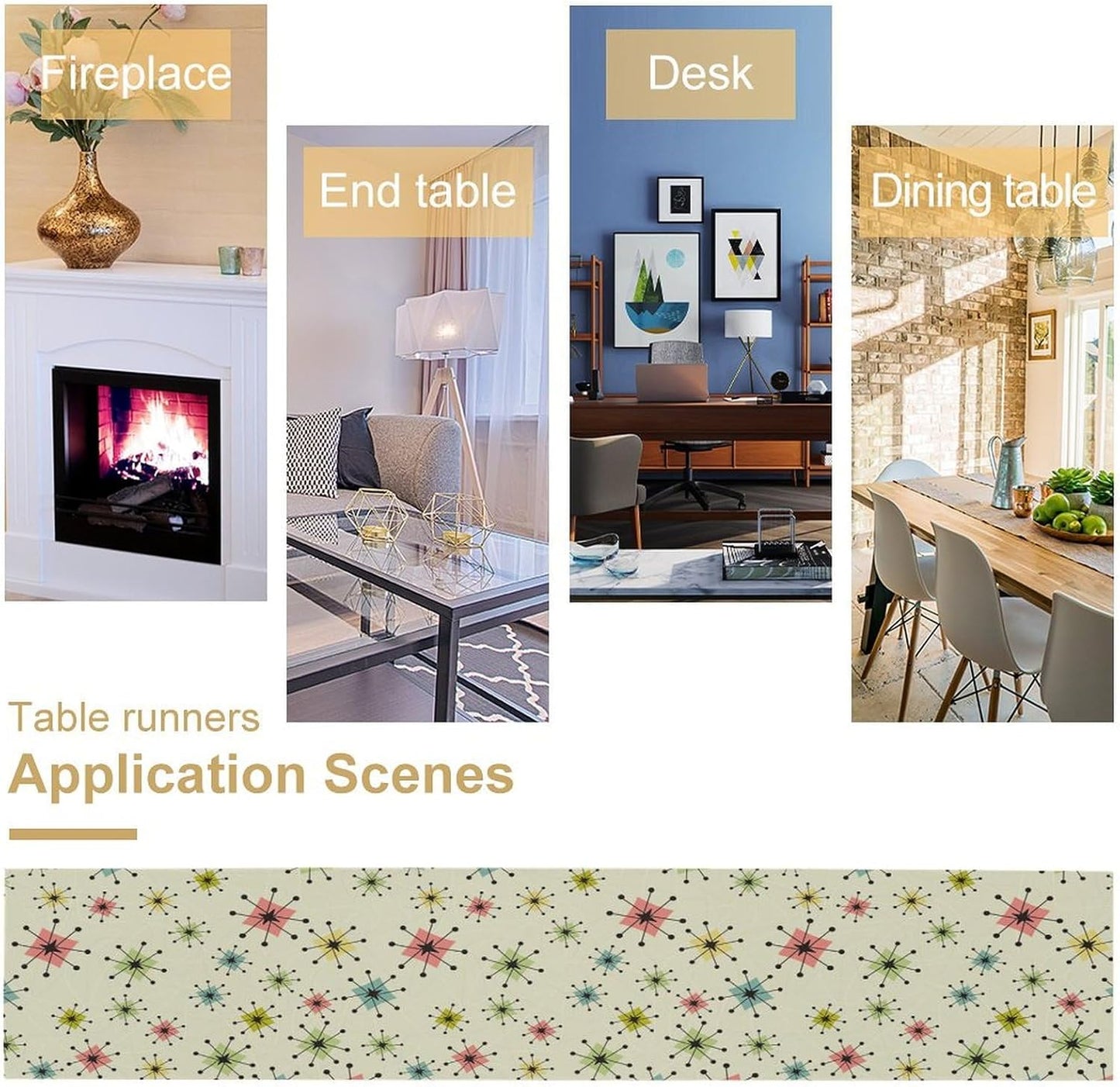 Mid Century Table Runner, Flag Retro Atomic Starburst 1950s Abstract Geometric Space Tabletop Decoration for Home Kitchen Restaurant Table Flag 13x108 Inch