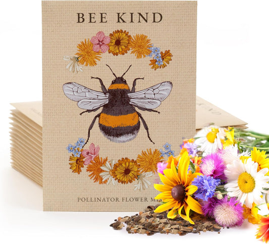 Bentley Seed Co. | Bee Kind Pollinator | Beautiful Bee Art | Environmental Favors Cards for Guests Seed Packets | Pollinator Wildflower Mix Seed Packets | Eco-Friendly Hand Out Gift | 25 Pack