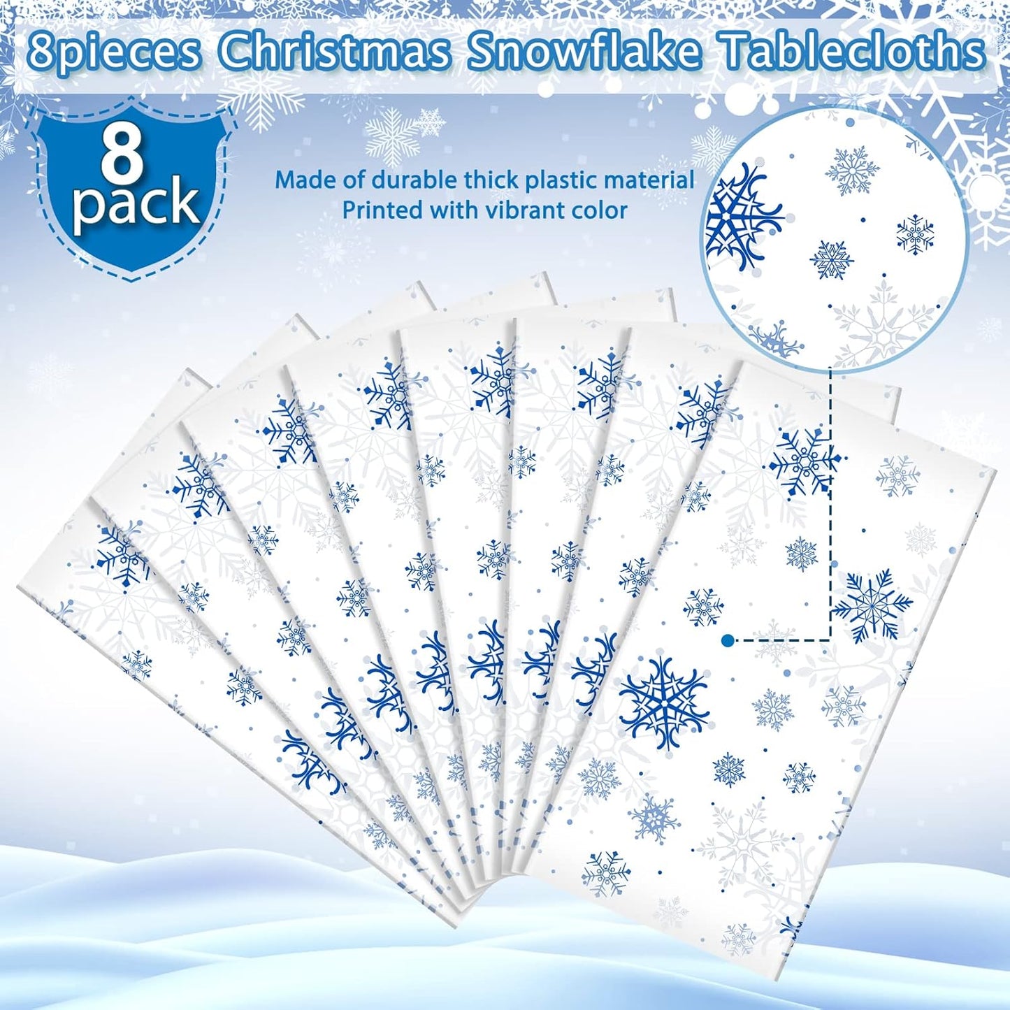 8 Pieces Snowflake Christmas Party Tablecloth Decorations,Plastic White Snowflake White Blue Xmas Backdrop Sign Table Cover Banner for Winter Christmas Holiday Party Supplies,54x108 inch（White/Blue）