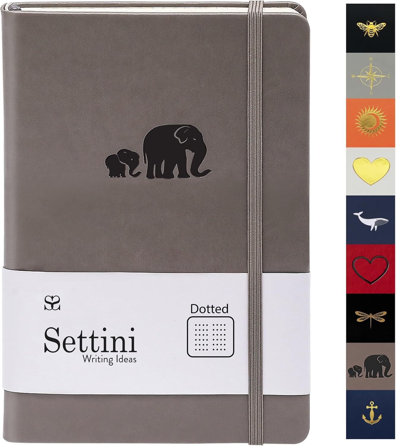 SETTINI Dotted Journal, Ideal for Bullet Journaling - A5 Vegan Leather Notebook, 192 Archival-Quality Pages, QuillEase Bleed-Free Paper, Inner Pocket & Bookmark - Elephant Gifts for Women & Men, Grey Elephants