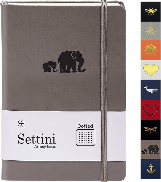 SETTINI Dotted Journal, Ideal for Bullet Journaling - A5 Vegan Leather Notebook, 192 Archival-Quality Pages, QuillEase Bleed-Free Paper, Inner Pocket & Bookmark - Elephant Gifts for Women & Men, Grey Elephants